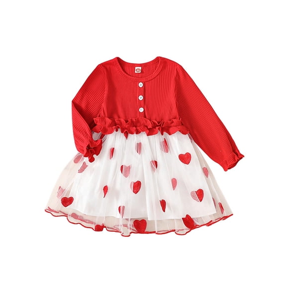 Suealasg Kids Girls Valentine's Day Dress Clothes 6M 1T 2T 3T 4T Children Girls Long Sleeve Heart Print Ruffled A-Line Princess Dress Toddler Girls Spring Casual Dress
