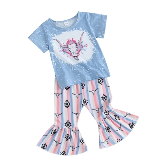 Suealasg Kids Girls Western 2Pcs Clothes 6M 1T 2T 3T 4T Little Girls Summer Casual Outfit Short Sleeve Cow Head Rainbow Print T-shirt Tops+ Flare Pants