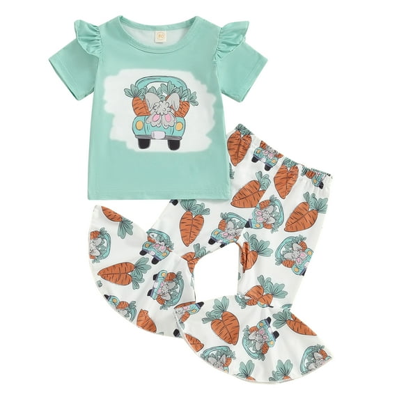 Suealasg Kids Little Girl Easter Outfits Carrot Print Short Sleeve T-Shirt and Elastic Flare Pants 2Pcs Toddler Summer Clothes Set