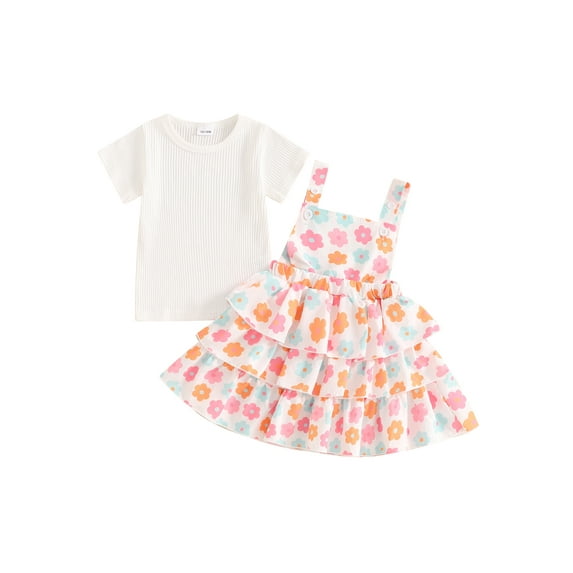 Suealasg Kids Little Girls 2Pcs Summer Outfits 1 2 3 4 5 6 Years Short Sleeve Ribbed T shirt Tops + Flower Layered Suspender Skirt Set Toddler Girls Clothes