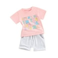 thumbnail image 1 of Suealasg Kids Little Girls Summer Clothes Outfits Letter Print Short Sleeve T-Shirt and Elastic Shorts Set 2Pcs Toddler Girls Casual Beach Clothing, 1 of 9