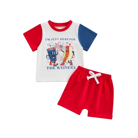 Suealasg Kids Toddler Boys 4th of July Clothes Baby Boys Independence Day Outfits Cartoon Print Crew Neck Short Sleeve T-Shirts Tops and Shorts 2Pcs Summer Clothing 0-3T