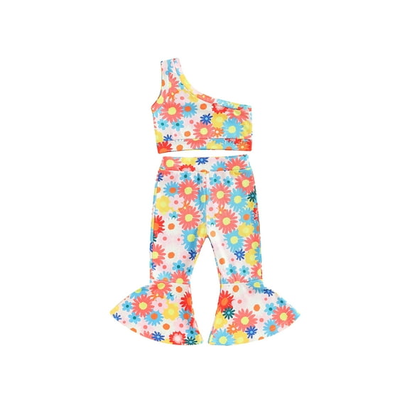 Suealasg Kids Toddler Girl Pants Set Outfits Floral/Strawberry Print One Shoulder Tank Tops +Flare Long Pants 2Pcs Little Girl Summer Clothes