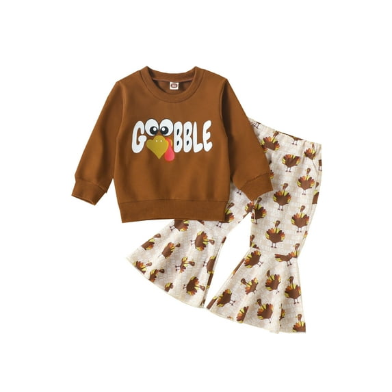 Suealasg Kids Toddler Girl Thanksgiving Day Outfits 6M 1T 2T 3T 4T Long Sleeve Pullover Tops and Flare Pants Set Little Girls 2Pcs Fall Clothes Set