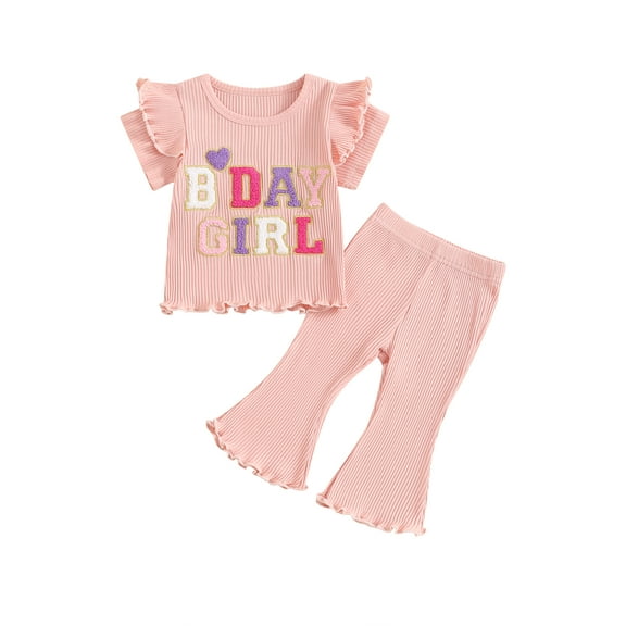 Suealasg Kids Toddler Girls Birthday Outfit 1T 2T 3T 4T 5T Letter Print Short Sleeve T-Shirt +Flare Pants Little Girls Summer 2Pcs Clothes Set