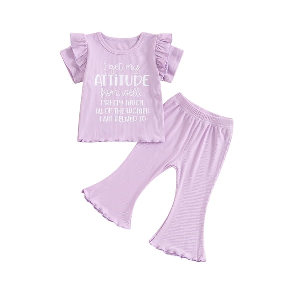 Suealasg Kids Toddler Girls Summer 2PCS Outfits Sets Short Sleeve Crewneck Letter Print T-Shirts Tops Flare Pants Sets 1T 2T 3T 4T 5T Little Girls Clothes