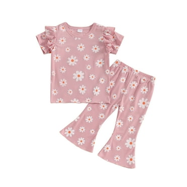 Suealasg Kids Toddler Girls Summer Causal Outfits 6M 1T 2T 3T 4T 5T Short Sleeve Floral Print Tops Elastic Waist Flare Pants 2Pcs Beach Vacation Clothes for Little Girls