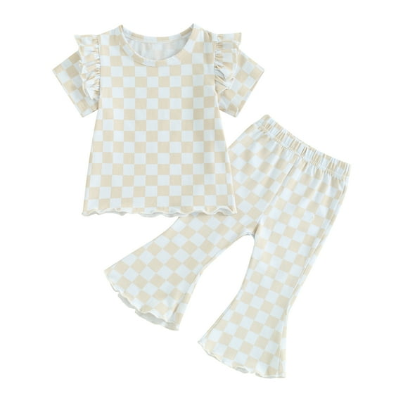 Suealasg Kids Toddler Girls Summer Outfit Sets 1T 2T 3T 4T 5T Checkerboard Print Short Sleeve T-Shirts Tops and Elastic Waist Flare Pants 2Pcs Little Girls Casual Clothes