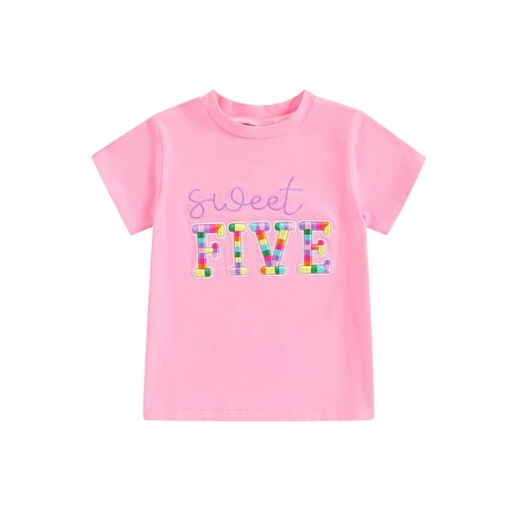 Suealasg Kids Toddler Girls T-Shirts 2T 3T 4T 5T 6T Short Sleeve Round Neck Doughnut Letter Embroidery Tops Little Girls Two to Six Years Old Birthday Clothes