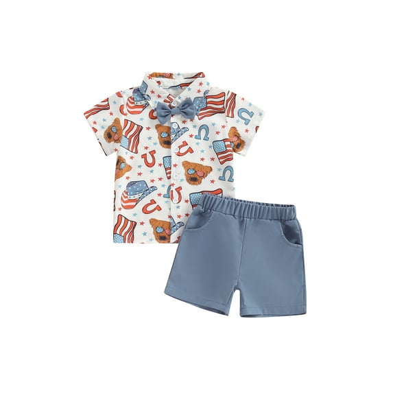 Suealasg Little Boy 4th of July Outfits Lapel Neck Short Sleeve Flag Print Tops with Bowtie + Elastic Waist Shorts 0-5 Years Toddler Kids Boys Gentleman Suit Clothes