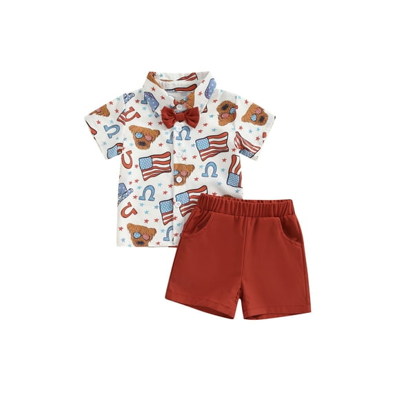 Suealasg Little Boy 4th of July Outfits Lapel Neck Short Sleeve Flag Print Tops with Bowtie + Elastic Waist Shorts 0-5 Years Toddler Kids Boys Gentleman Suit Clothes