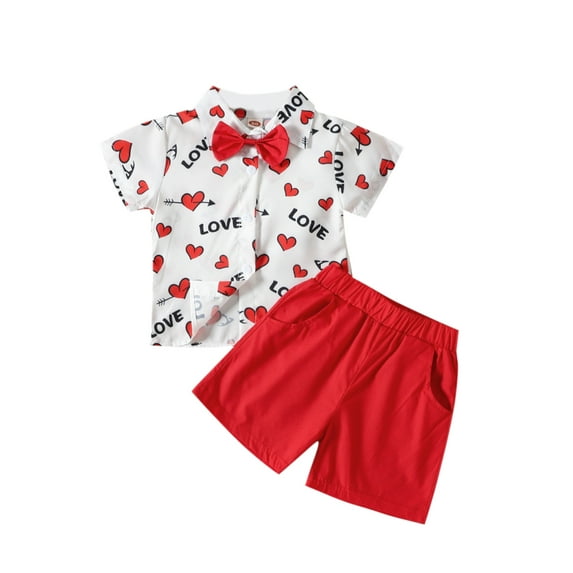 Suealasg Little Boy Valentine's Day Outfits Set Toddler Baby Boys Gentleman Suits Short Sleeve Lapel Neck Letters Heart Print Tops Shorts Set 9M 1T 2T 3T 4T Kids Boys Summer Clothes