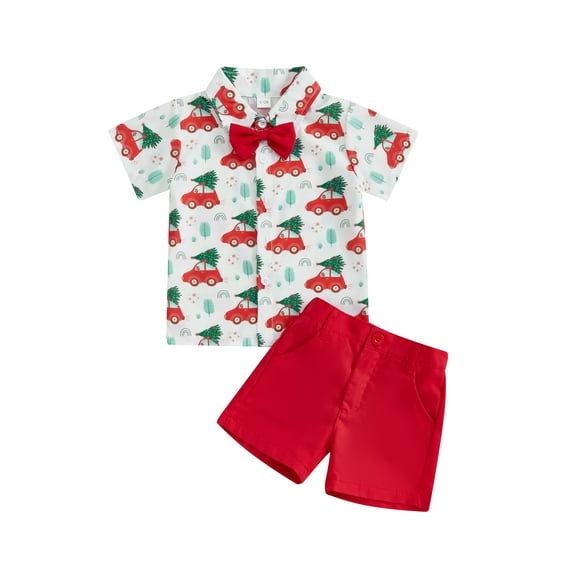 Suealasg Little Boys Christmas Gentlemen Outfits 6M 1T 2T 3T 4T Car Tree Print Short Sleeve Button Shirt   Shorts Set 2Pcs Casual Summer Clothes for Toddler Boys