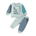 thumbnail image 1 of Suealasg Little Boys Fall Outfits Set 6M 1T 2T 3T 4T 5T Toddler Boys Long Sleeve Letter Print Sweatshirt and Sweatpants 2Pcs Autumn Contrast Color Tracksuit Clothes for Kids Boys, 1 of 7