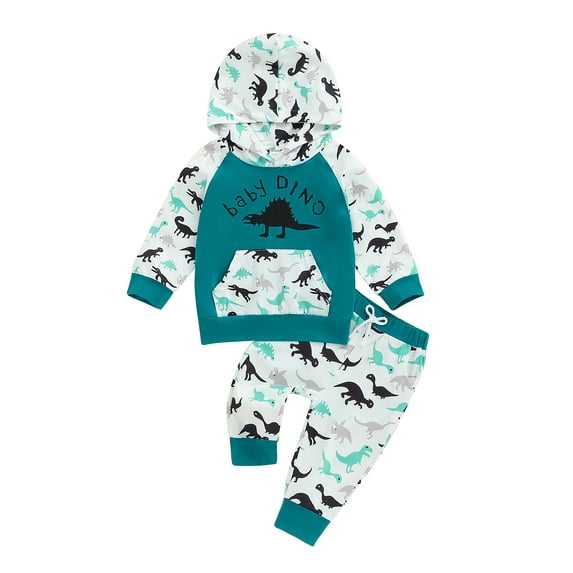 Suealasg Little Boys Fall Tracksuit Outfits Long Sleeve Dinosaur Print Hooded Sweatshirts Sweatpants 1T 2T 3T 4T 5T Toddler Boys 2Pcs Casual Autumn Clothes