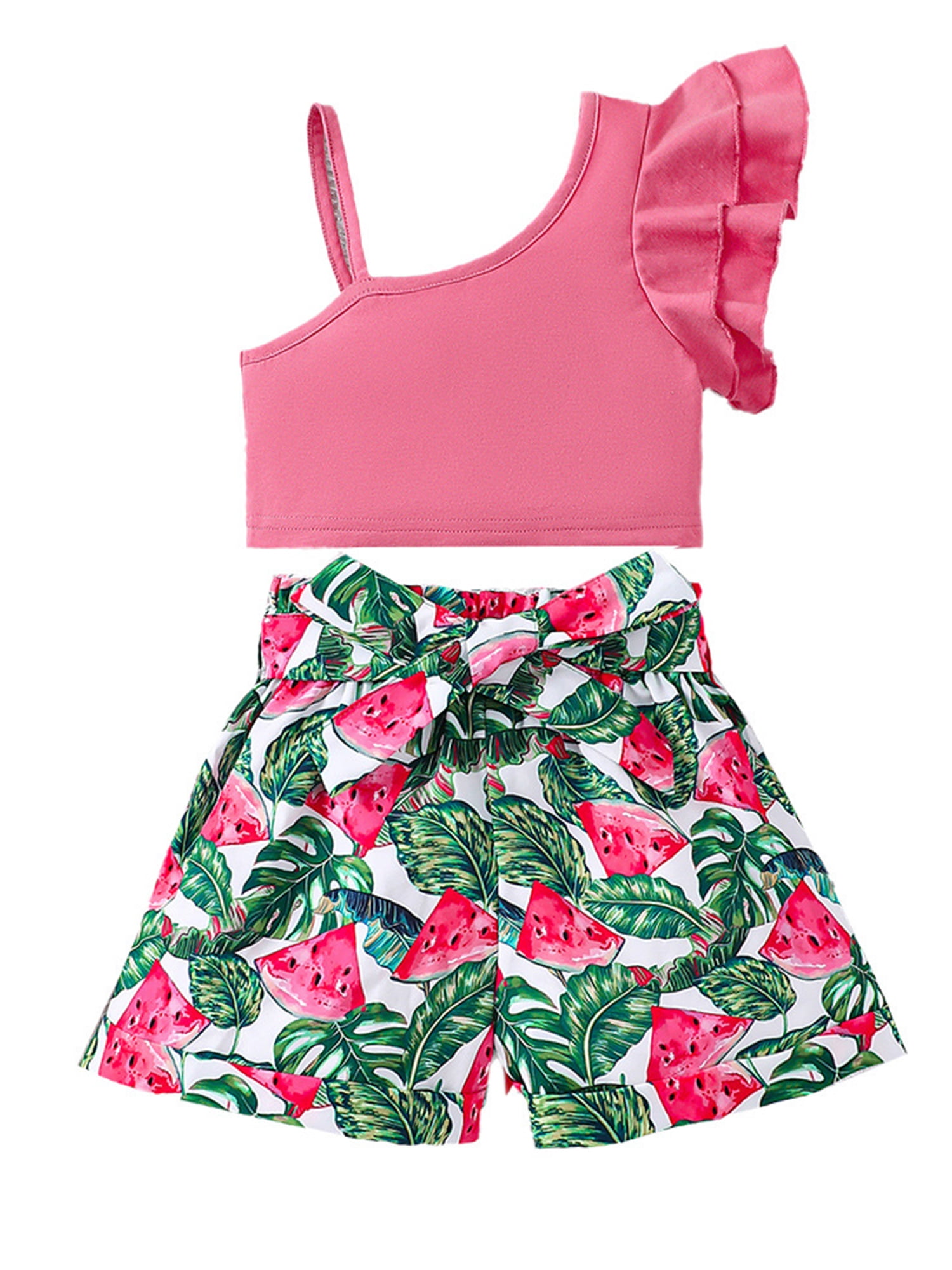 Suealasg Little Girl 2 Piece Summer Outfit Fly Sleeve One Shoulder Tops