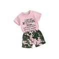 thumbnail image 1 of Suealasg Little Girl 2Pcs Outfits Set 1T 2T 3T 4T 5T Kids Girl Short Sleeve Letter Print Tops + Camouflage Print Shorts Summer Beach Party Clothes for Toddler Girls, 1 of 9