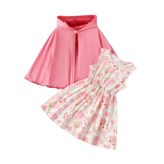 Suealasg Little Girl 3 Piece Valentine's Day Outfits Set 3T 4T 5T 6T 7T Kids Girls Heart Bear Print Round Neck Sleeveless A-Line Dress +Hooded Cape Sweat Child Girls Spring Clothing