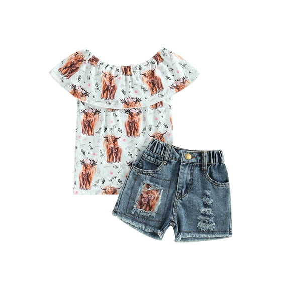 Suealasg Little Girl 3 Piece Western Outfits Short Sleeve Cow Print Tops + Elastic Ripped Denim Shorts Kids Girls Casual Summer Country Clothes Set