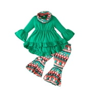 SUEALASG Little Girl Christmas Outfits Clothes 1T 2T 3T 4T 5T 6T Kids Girls Long Sleeve Crew Neck T-Shirts Tops Santa Print Flare Pants Scarf 3Pcs Christmas Party Clothing for Children Girl