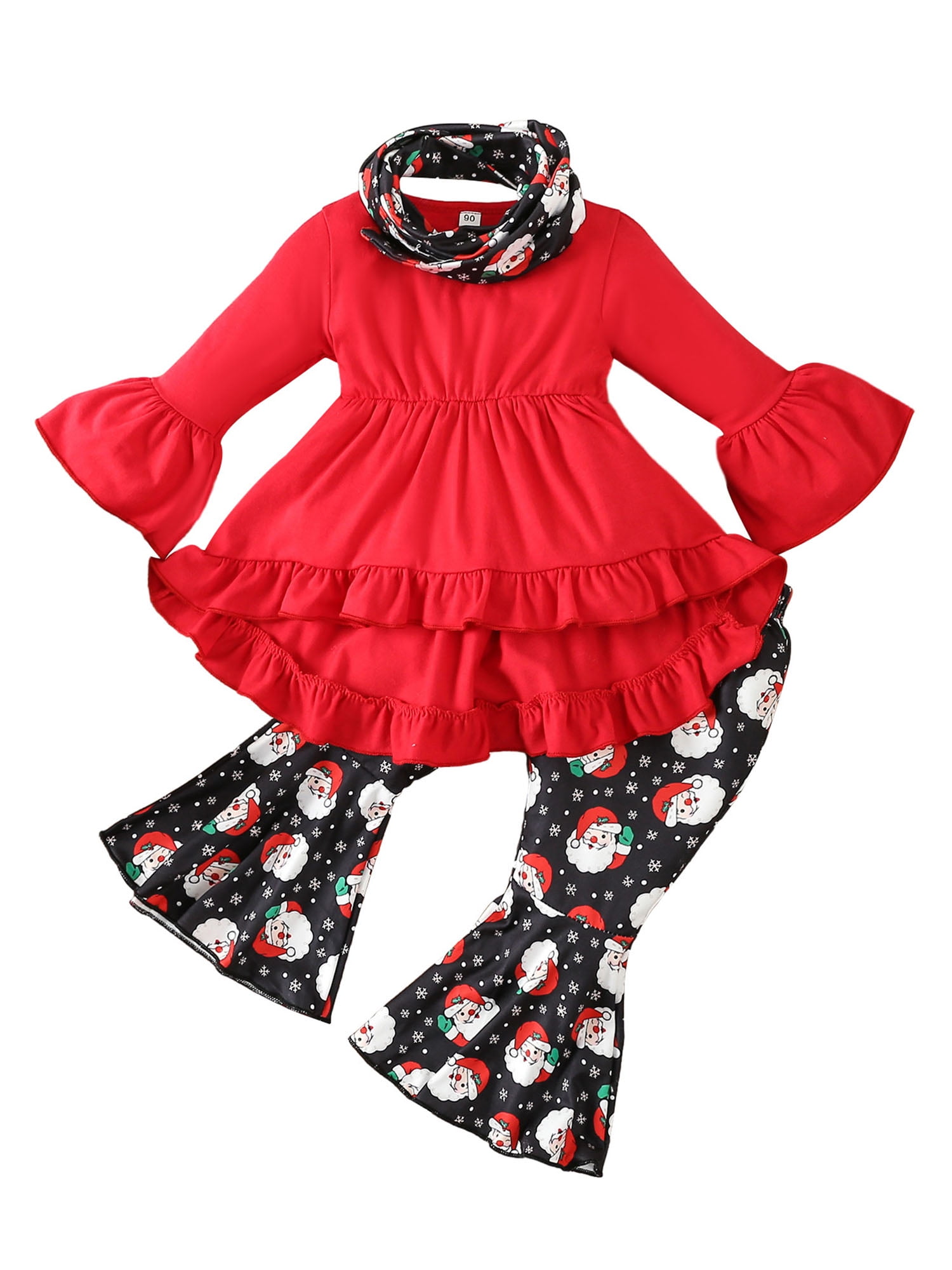 Suealasg Little Girl Christmas Outfits Clothes 1T 2T 3T 4T 5T 6T Kids Girls Long Sleeve Crew Neck T-Shirts Tops Santa Print Flare Pants Scarf 3Pcs Christmas Party Clothing for Children Girl