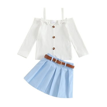 Suealasg Little Girl Fall Outfit Bow Cold Shoulder Long Sleeve Tops Mini Pleated Skirt with Belt 1T 2T 3T 4T 5T Toddler Girls Clothes
