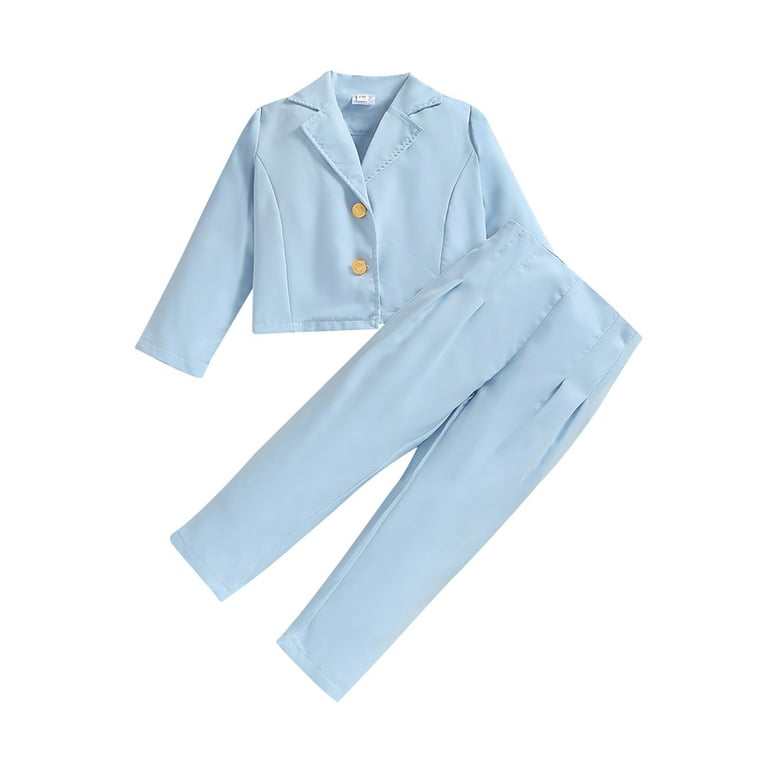 Suealasg Little Girl Formal Suits 2T 3T 4T 5T 6T Kids Girl Long Sleeve Lapel Button Up Cropped Coat Solid Color Pants Set 2Pcs Fall Blue Suits Outfits Clothes for Children Girl