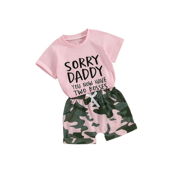 Suealasg Little Girl Summer 2Pcs Outfits Set 1T 2T 3T 4T 5T 6T Kids Girl Short Sleeve Letter Print Tops + Camouflage Print Shorts Beach Party Clothes for Children Girls