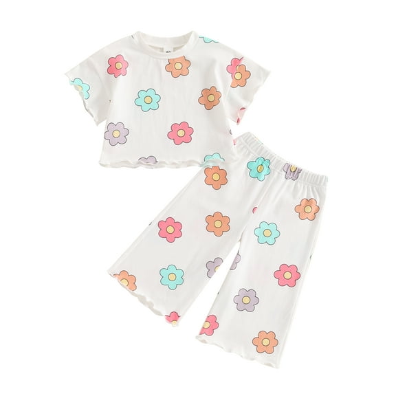 Suealasg Little Girl Summer 2Pcs Outfits Set Clothes 1T 2T 3T 4T 5T Kids Girl Short Sleeve Flower Print T-shirt Tops and Shorts Beach Party Clothing for Children Girls