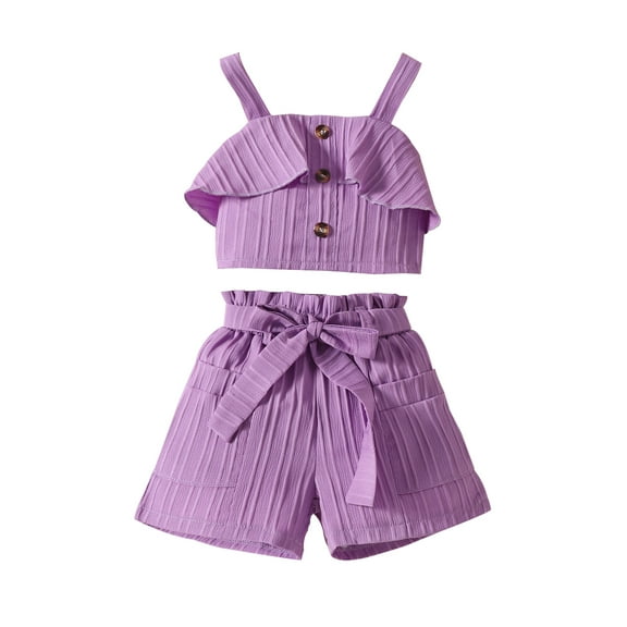Suealasg Little Girl Summer Outfits Set Clothes 1T 2T 3T 4T 5T 6T Kids Girl Sleeveless Solid Color Ruffled Button Cami Tops and Belted Shorts Beach Party Clothing for Children Girls