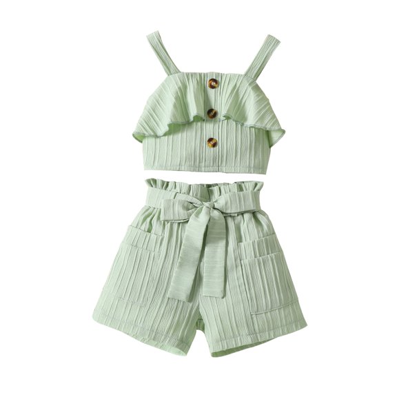 Suealasg Little Girl Summer Outfits Set Clothes 1T 2T 3T 4T 5T 6T Kids Girl Sleeveless Solid Color Ruffled Button Cami Tops and Belted Shorts Beach Party Clothing for Children Girls