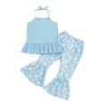 thumbnail image 1 of Suealasg Little Girls 2 Piece Summer Outfits Sleeveless Tie-Up Halter Neck Ribbed Ruffled Tops Daisy Flare Pants Set Toddler Kids Girls Beach Clothes, 1 of 8