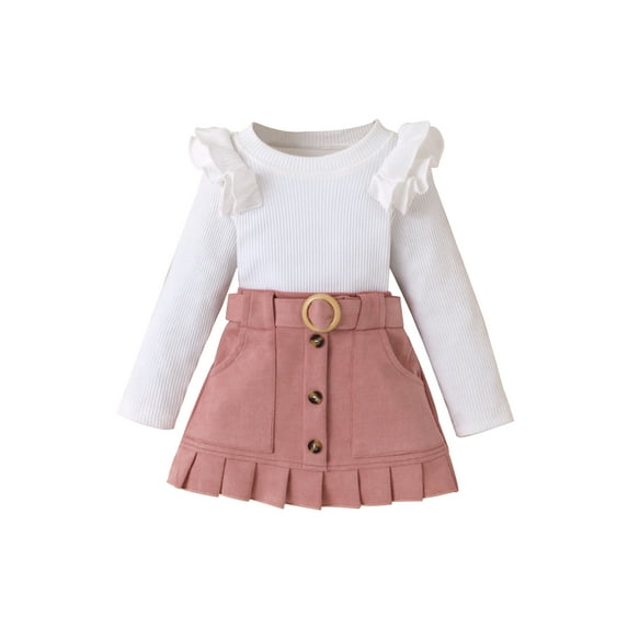 Suealasg Little Girls 2Pcs Fall Clothes 1T 2T 3T 4T 5T 6T Kids Girls Long Sleeve Ruffle Ribbed Tops Belted Skirt Set 2Pcs Spring Autumn Outfits for Toddler Girls