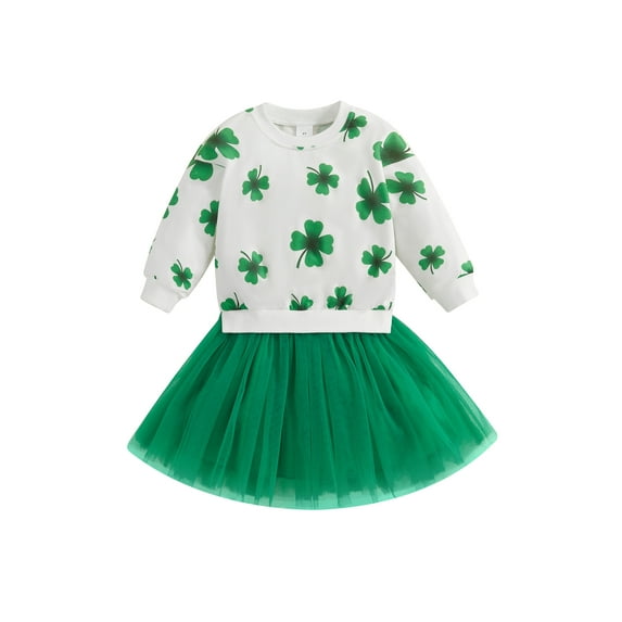 Suealasg Little Girls 2Pcs Spring Fall Outfits Set 1T 2T 3T 4T 5T Long Sleeve Shamrock Letter Print Sweatshirt Tulle Patchwork A-Line Skirt Set Kids Girls Irish Day Clothes