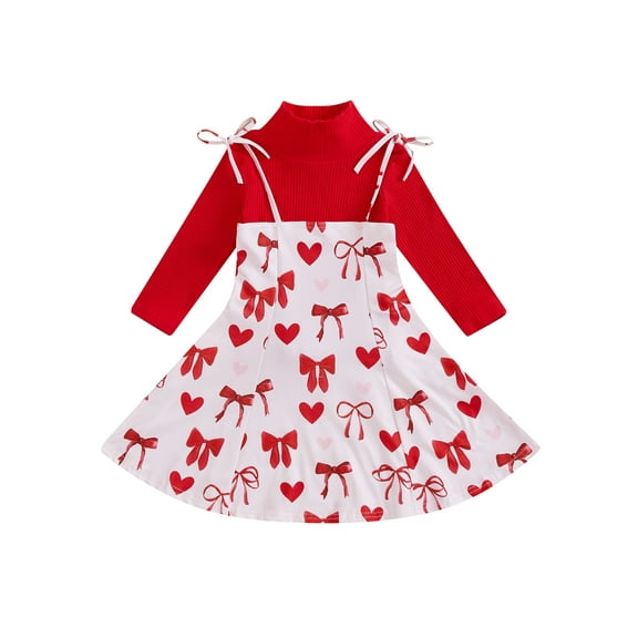 Suealasg Little Girls 2Pcs Valentine's Day Clothes 2T 3T 4T 5T 6T 7T 8T Kids Girls Long Sleeve Turtleneck Top +Bow Heart Print Slip Dress Spring Fall Casual Dress for Child Girls