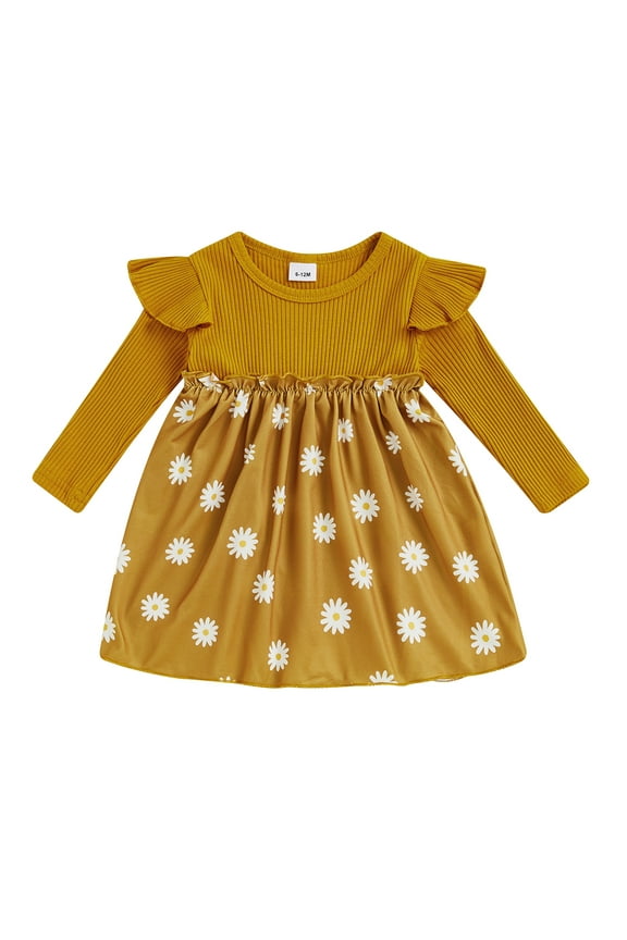 Little Girls Autumn Casual A-line Dress 6M 1T 2T 3T 4T Toddler Girl Long Sleeve Crewneck Flower Print Dress Fall Clothes