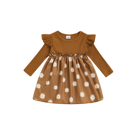 Suealasg Little Girls Autumn Casual A-line Dress 6M 1T 2T 3T 4T Toddler Girl Long Sleeve Crewneck Flower Print Dress Fall Clothes