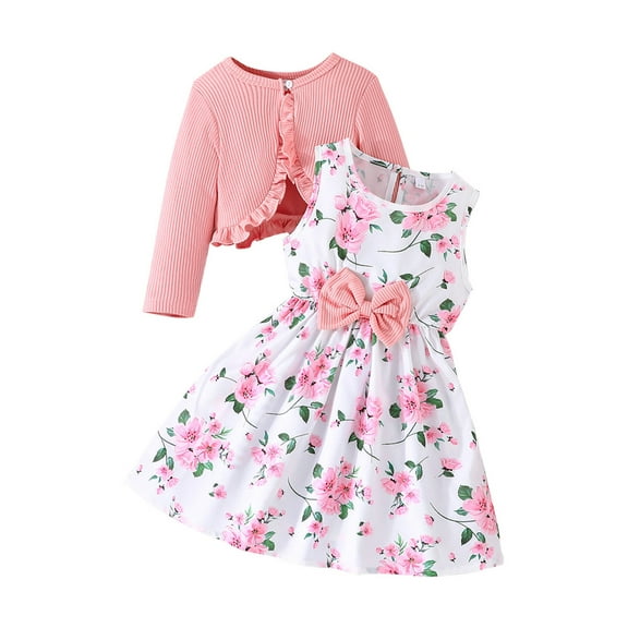 Suealasg Little Girls Fall Clothes Kids Girls Casual Dress 2T 3T 4T 5T 6T 7T 8T Sleeveless Round Neck Floral Print A-Line Tank Dress  Ruffled Ribbed Cardigan