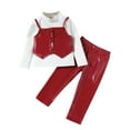 thumbnail image 1 of Suealasg Little Girls Fall Outfits 1T 2T 3T 4T 5T 6T Long Sleeve Mock Neck Ribbed Tops PU Leather Pants Vest Sets 3Pcs Toddler Kids Girls Autumn Clothes Set, 1 of 4