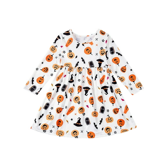 Suealasg Little Girls Halloween Clothes Outfits 2T 3T 4T 5T 6T 7T Kids Child Girls Long Sleeve Crew Neck Pumpkin Print A-Line Dress
