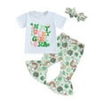 thumbnail image 1 of Suealasg Little Girls Irish Festivals Outfits Short Sleeve Letter Print T-Shirt +Shamrock Pattern Flare Pants +Headband Set 3Pcs Kids Girls Summer St Patrick's Day Clothing, 1 of 8