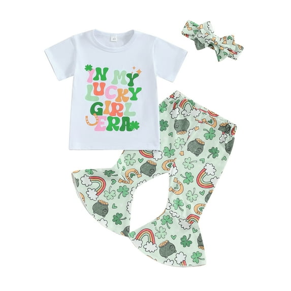 Suealasg Little Girls Irish Festivals Outfits Short Sleeve Letter Print T-Shirt +Shamrock Pattern Flare Pants +Headband Set 3Pcs Kids Girls Summer St Patrick's Day Clothing