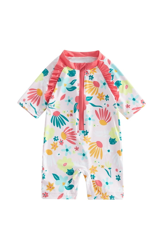 Little Girls One-Piece Swimsuit Kids Girls Short Sleeve Floral Print Jumpsuit Swimwear Toddler Girls Summer Sun Protection Bathing Suit Beachwear 0-6 Years