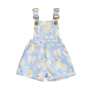 Suealasg Little Girls Overalls Duck/Bunny/Bow Print Sleeveless Square Neck Suspender Jumpsuit