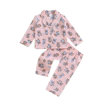 Suealasg Little Girls Spring Fall Pajamas Set Bear Checkered Print Long Sleeves Lapel Shirts Top   Long Pants 2T 3T 4T 5T 6T 7T Child Girls 2Pcs Loungewear Sleepwear Outfits