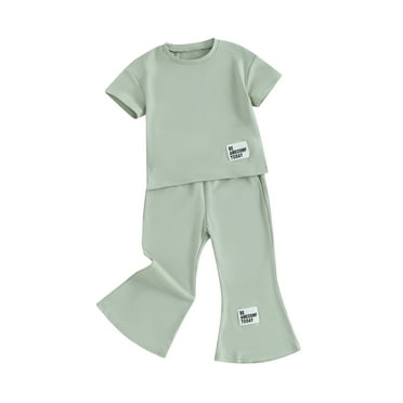 Suealasg Little Girls Summer 2 Piece Outfit Round Neck Short Sleeve Tops + Elastic Waist Flare Pants 3T 4T 5T 6T 7T Kids Girls Casual Sleepwear Set