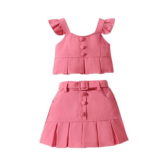 Suealasg Little Girls Summer 2Pcs Outfits Set Fly Sleeve Round Neck Tops + Elastic Waist Pleated Mini Skirt with Belt 1T 2T 3T 4T 5T 6T Child Girls Clothes
