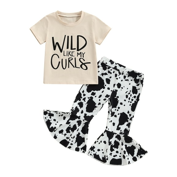 Suealasg Little Girls Summer Outfits 1T 2T 3T 4T 5T Kids Girls Short Sleeve Letter Print Tops Cow Print Flared Pants Sets Toddler Girls Pants Sets
