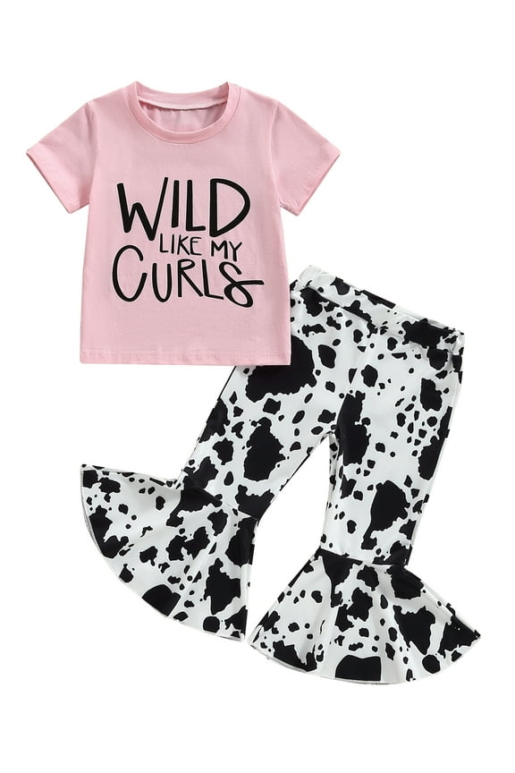 Little Girls Summer Outfits 1T 2T 3T 4T 5T Kids Girls Short Sleeve Letter Print Tops Cow Print Flared Pants Sets Toddler Girls Pants Sets
