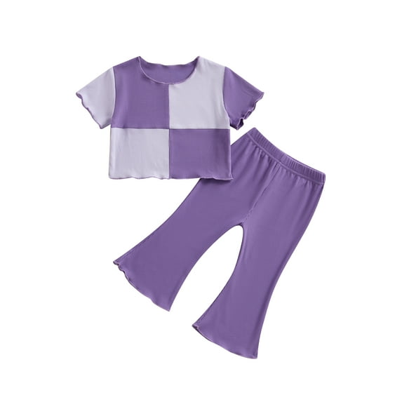 Suealasg Little Girls Summer Outfits Short Sleeve Contrast Color Tops + Flare Pants Set 1T 2T 3T 4T 5T Kids Girls Beach Vacation Clothes